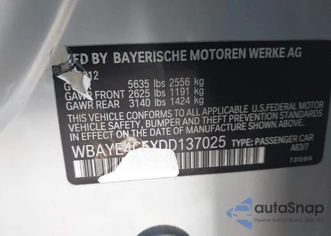 2013 BMW 740Li from USA, damaged, VIN WBAYE4C5XDD137025